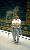 Shelby in front of processional gate at Pergamon Museum.